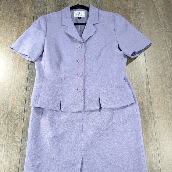 Le Suit Blazer Skirt Set Womens 8 Purple Short Sleeve Button Up Preppy Office - Picture 1 of 13